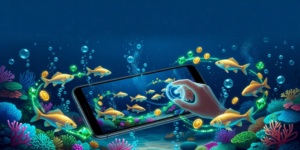 Minh họa giao diện chơi bắn cá vàng nh88 với cá bơi lội sinh động