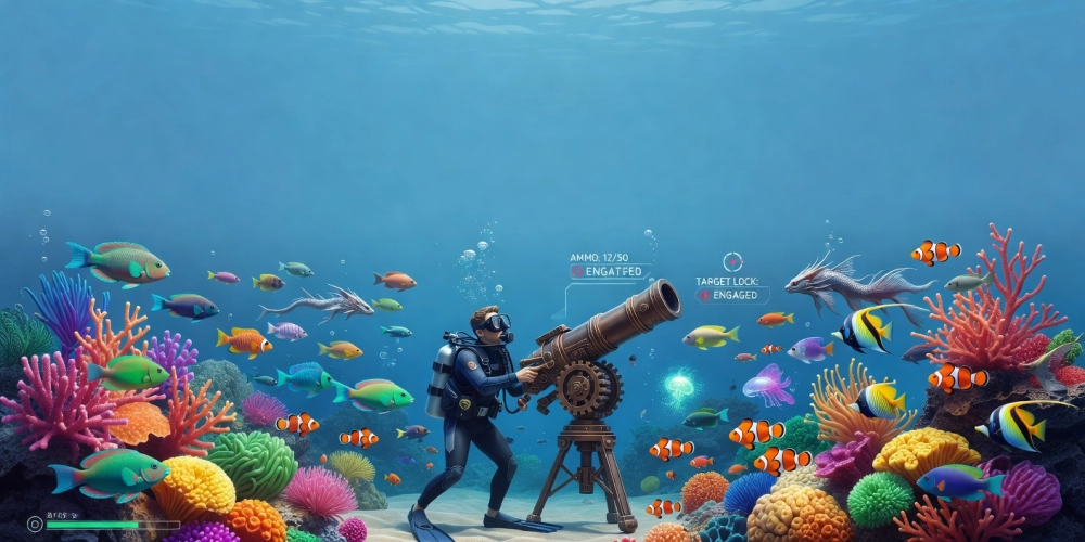 Minh họa giao diện trò chơi bắn cá zui nh88 với cá bơi lội sôi động