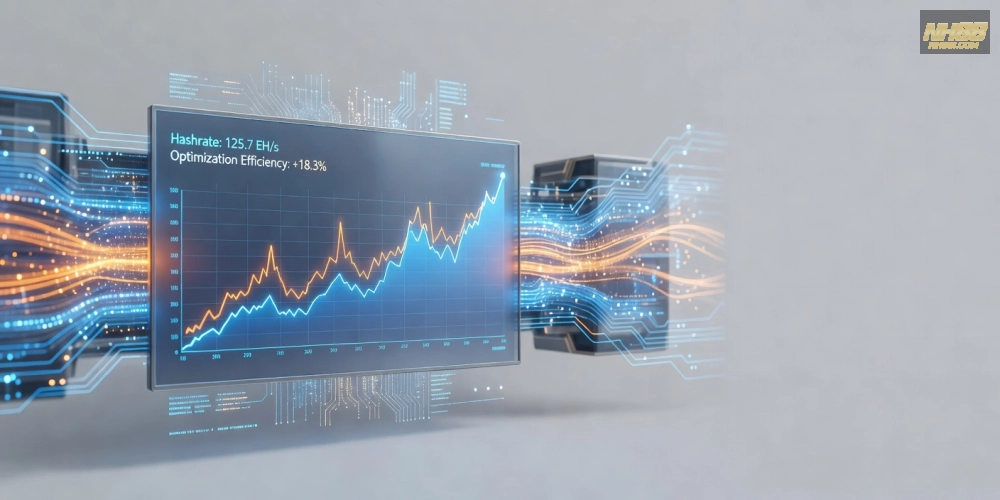 Hình minh họa quy trình tối ưu hashrate đào Bitcoin trên NH88 với biểu đồ tăng trưởng.